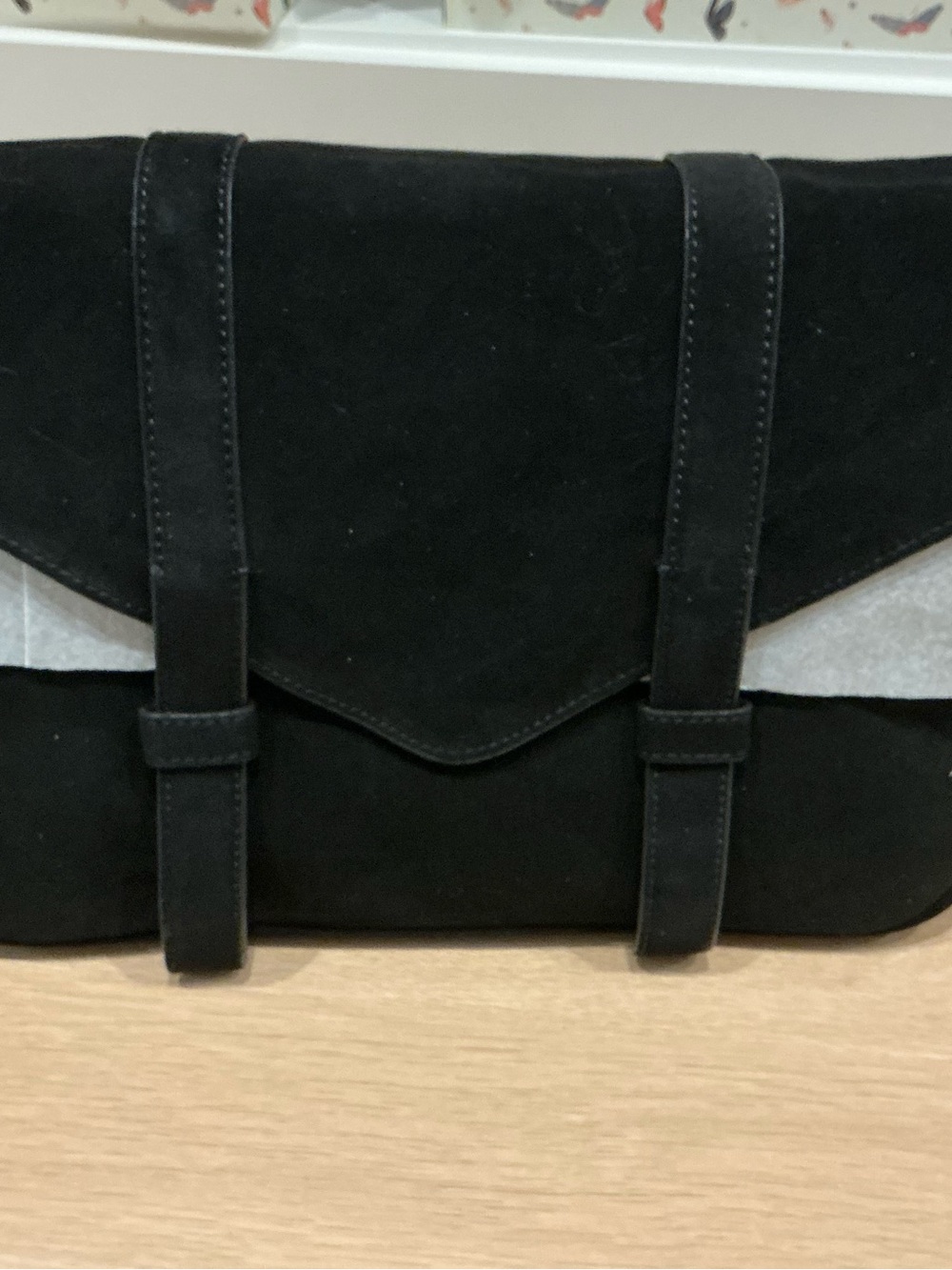 Violetta Black Italian Suede Large Envelope Clutch with Strap Detail